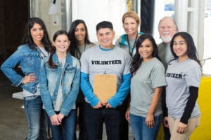 Group photo of diverse food bank volunteers